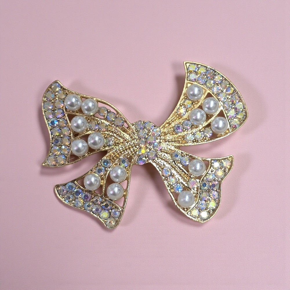 Elegant Gold Bow Brooch with Pearls| Available In Clear Or Iridescent